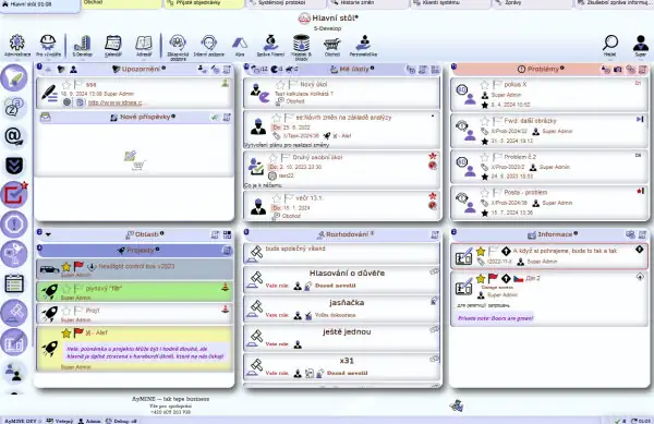 Hlavní pracovní stůl ERP AyMine s úkoly a poznámkami; screenshot obrazovky