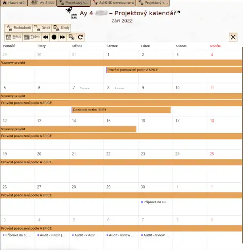 Projektový kalendář AyMINE - přehled úkolů, výkazů práce a rozhodnutí; screenshot