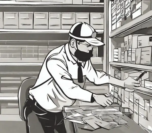 Člověk u regálu - ilustrace; generováno AI