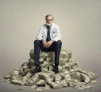 Úspěšný vědec na hromadě peněz - ai ilustrace